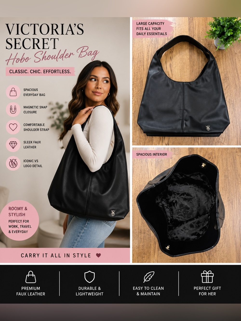 Victoria’s Secret Black Hobo Tote Shoulder Bag Faux Leather Large